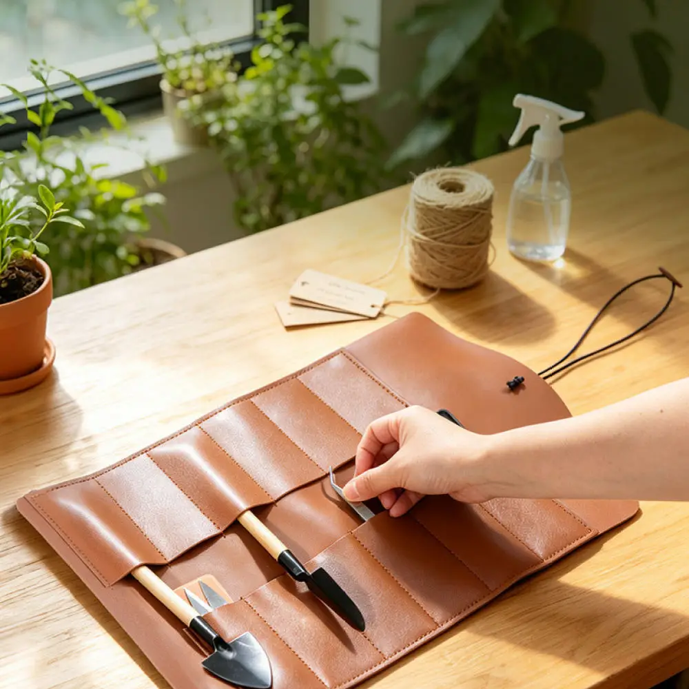 High Quality Leather Roll Up Case Compact Organizer Pouch For Beauty Brushes Craft Accessories And Picnic Cutlery