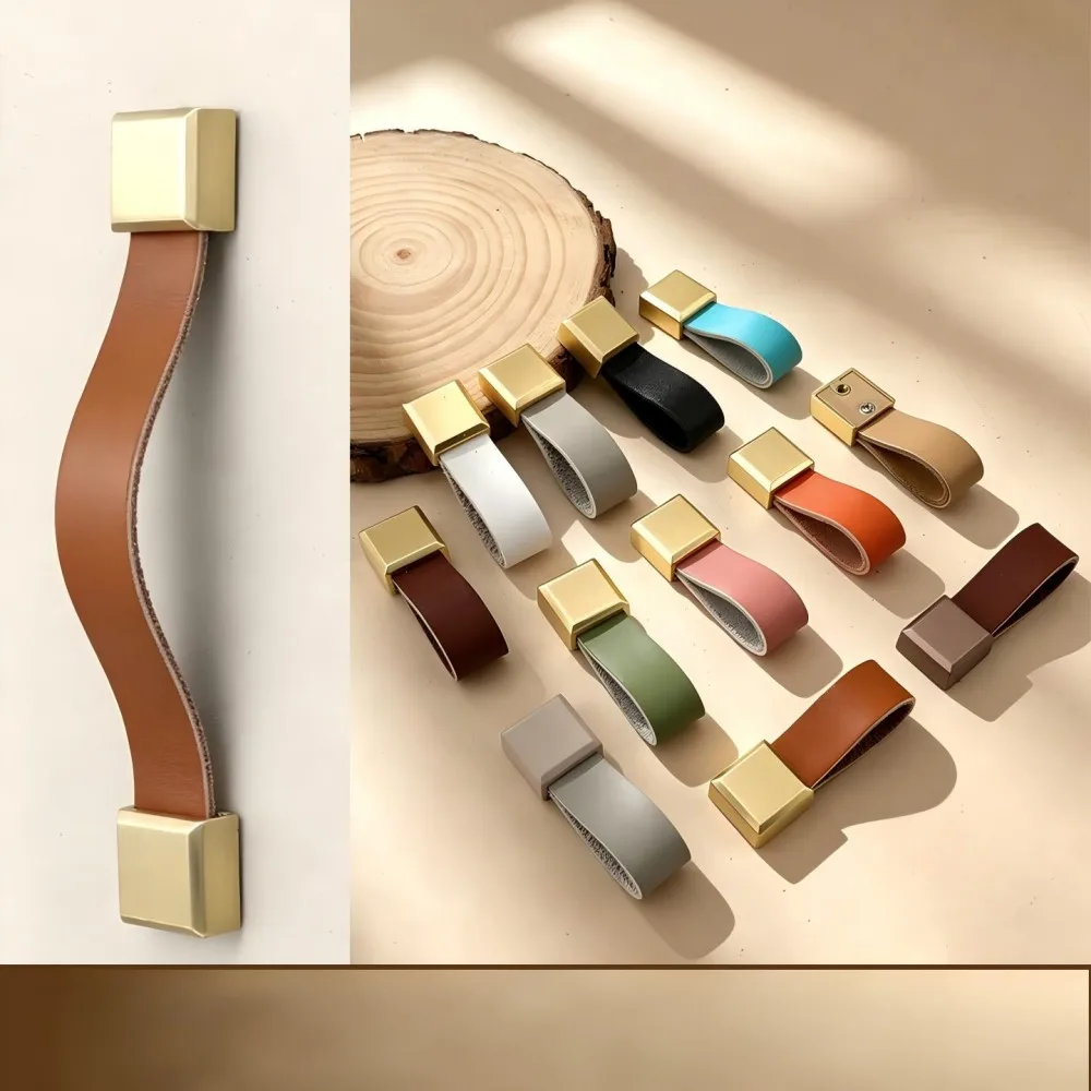 Leather Cabinet Pull Handle Brushed Brass 96mm Hole Distance Soft Grip Strap Minimalist Light Luxury Hardware Wardrobe Drawer