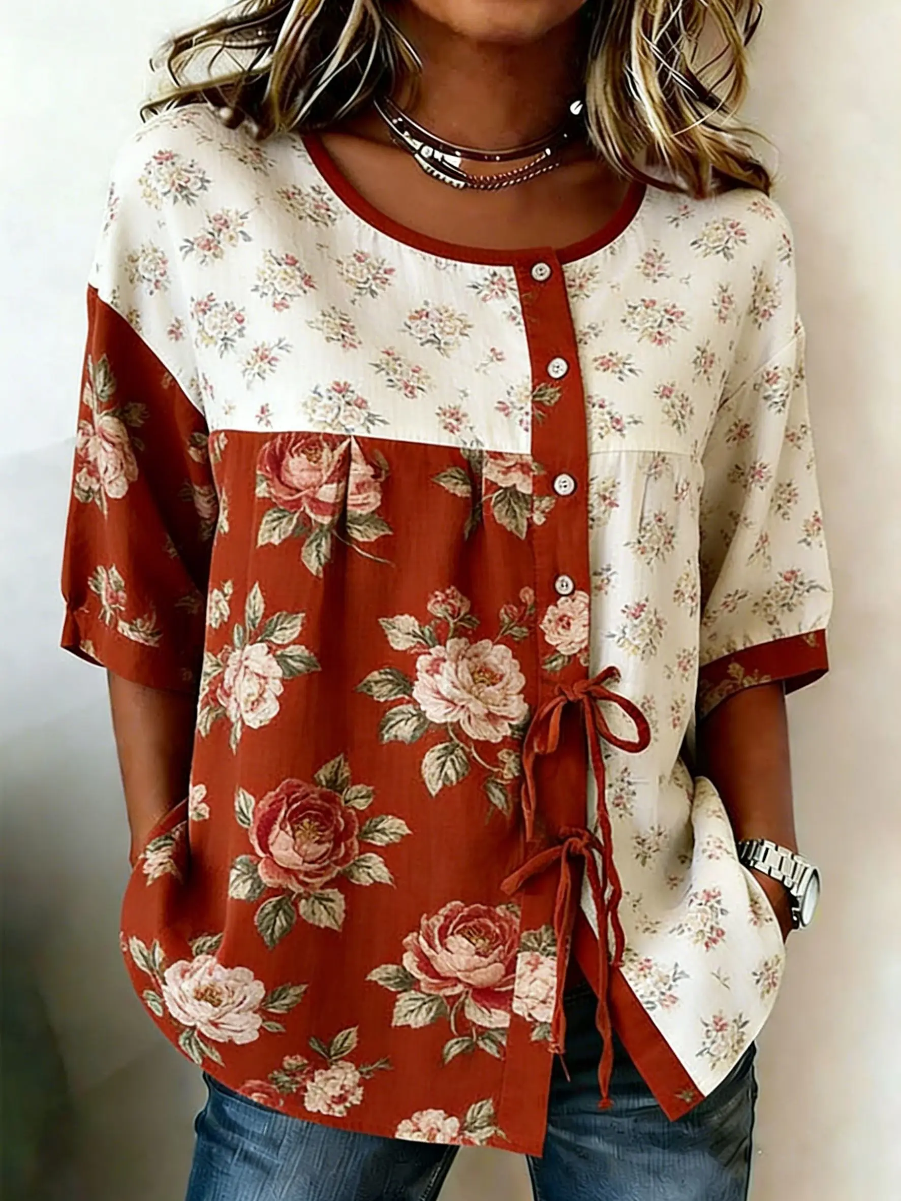 

Women's Red & White Floral Colorblock Drawstring Button Up Blouse, Casual Round Neck Tops for Spring Summer Daily Vacation Wear