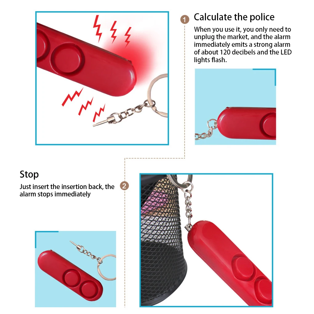 시끄러운 알람 열쇠 고리, 안전 개인 알람 도구, 배터리 전원