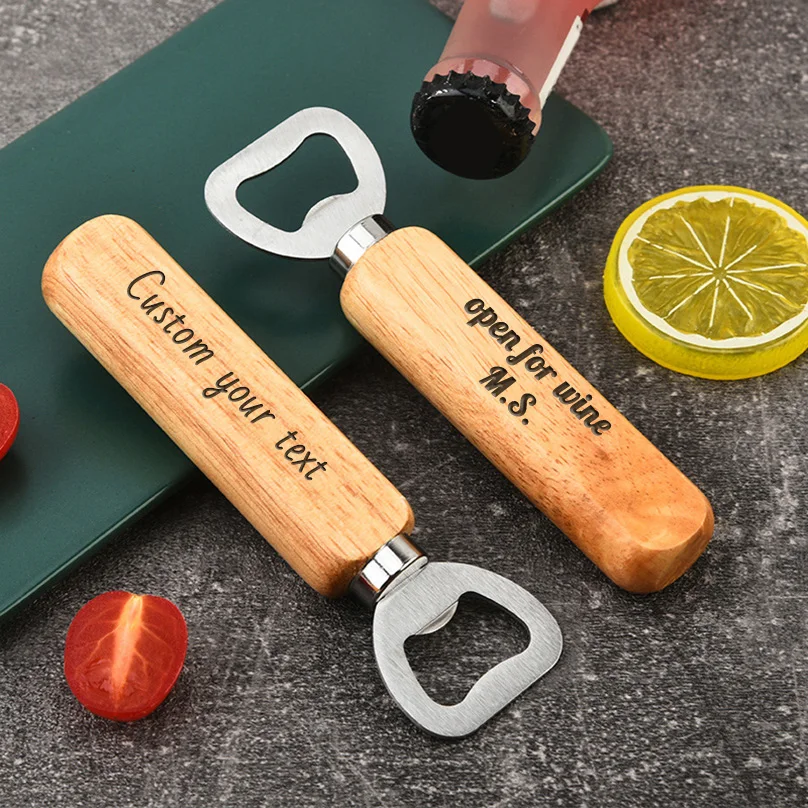 Custom Text Beer Bottle Opener Laser Engraving Beer Bottle Opener Kitchen Party Personalized Gift Wooden Handle Beer Opener