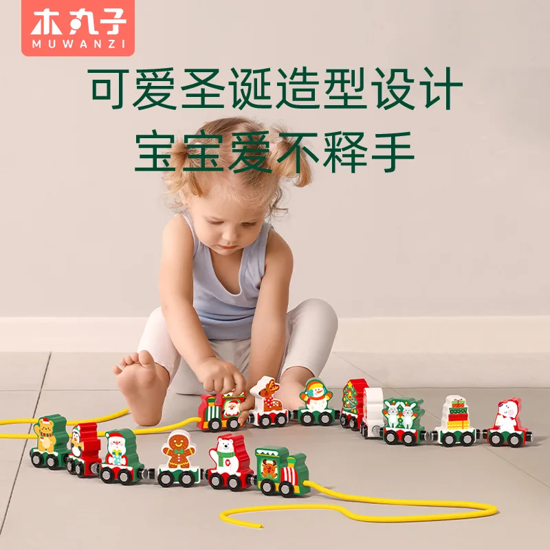 Magnetic Wooden Christmas Themed Train Set, Diy Splicing For Children Puzzle Toys Inertial Small Train,XT169