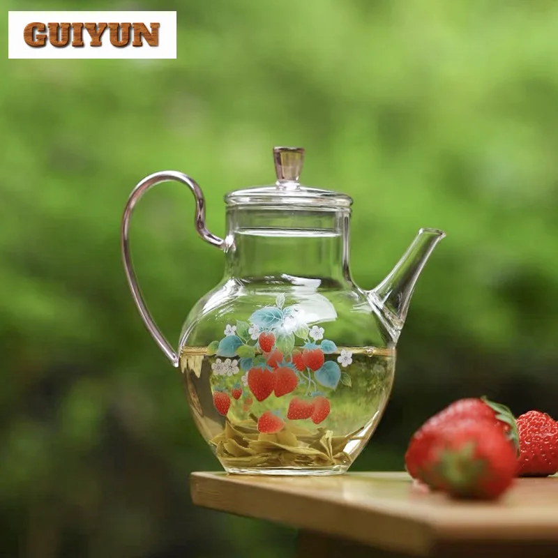 380ml Handmade Heat Resistant Glasstea Pot Creative Decal Strawberry Hand-held Decal Small Green Flower Tea Brewing Kettle Gift