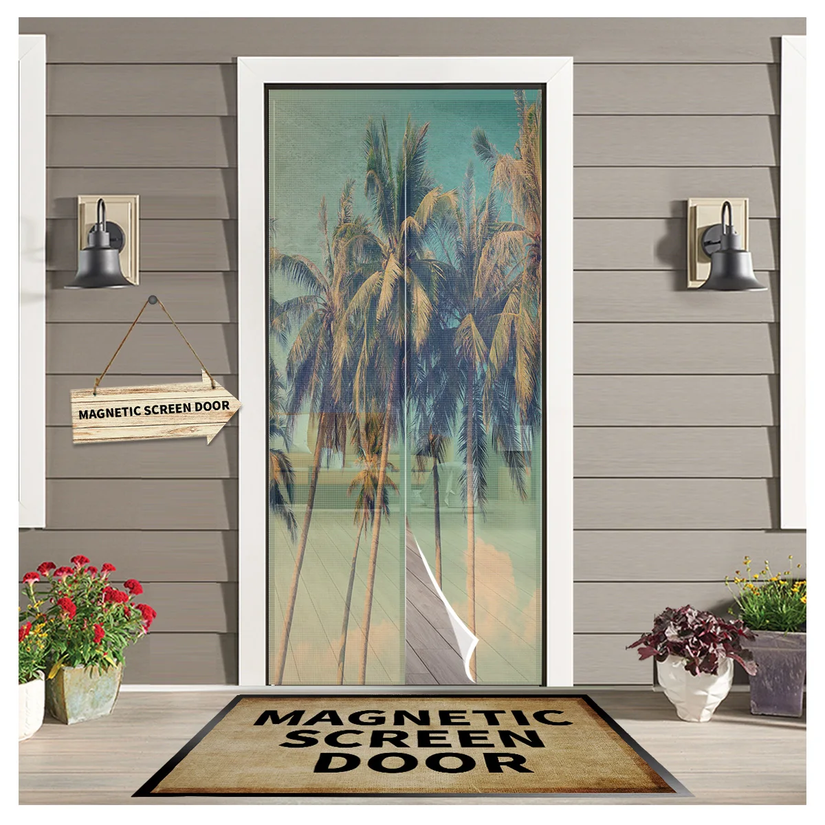 

Green Tropical Palm Tree Retro Magnetic Door Window Screen Summer Anti Mosquito Insect Kitchen Bedroom Door Curtains