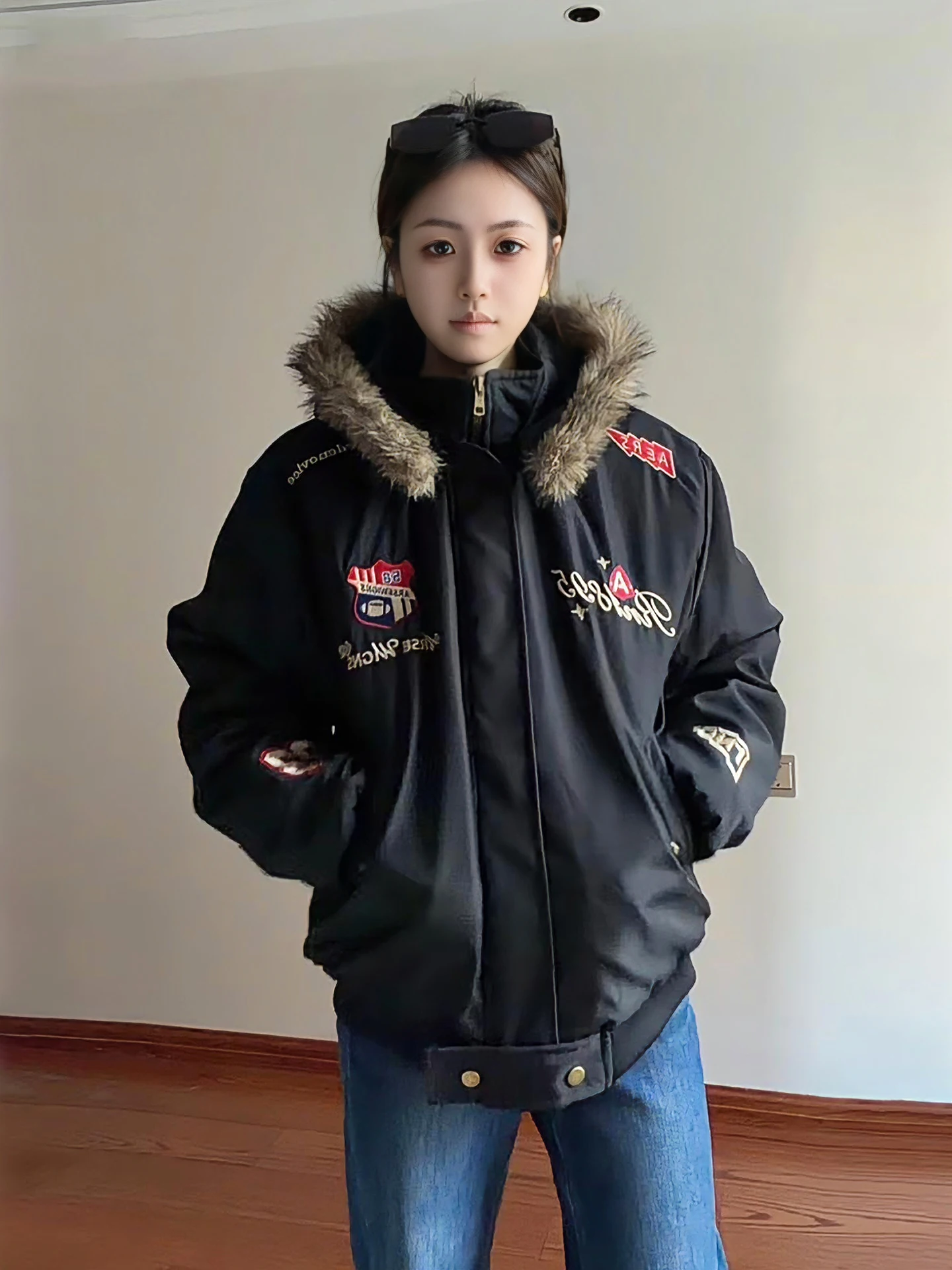 

Bla American Sle down Parka Cotton Jaet Men Women Winter Trendy High Street Embroidered Fur Collar Warm Hooded Cotton Coat