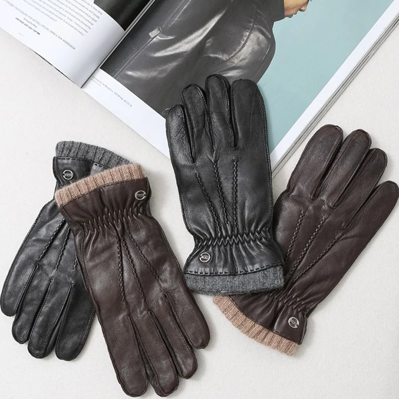 New Leather Gloves Men\'s Winter Warm Gloves Male Cashmere Lining Niche Retro Thick Brown Outdoor Driving Motorcycle Guantes