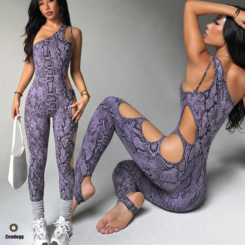 Seamless No Pad Snake Women Yoga Set One Piece Jumpsuits Hollow Out Bodycon Workout Sports Legging Rompers Outfits Wear XP360