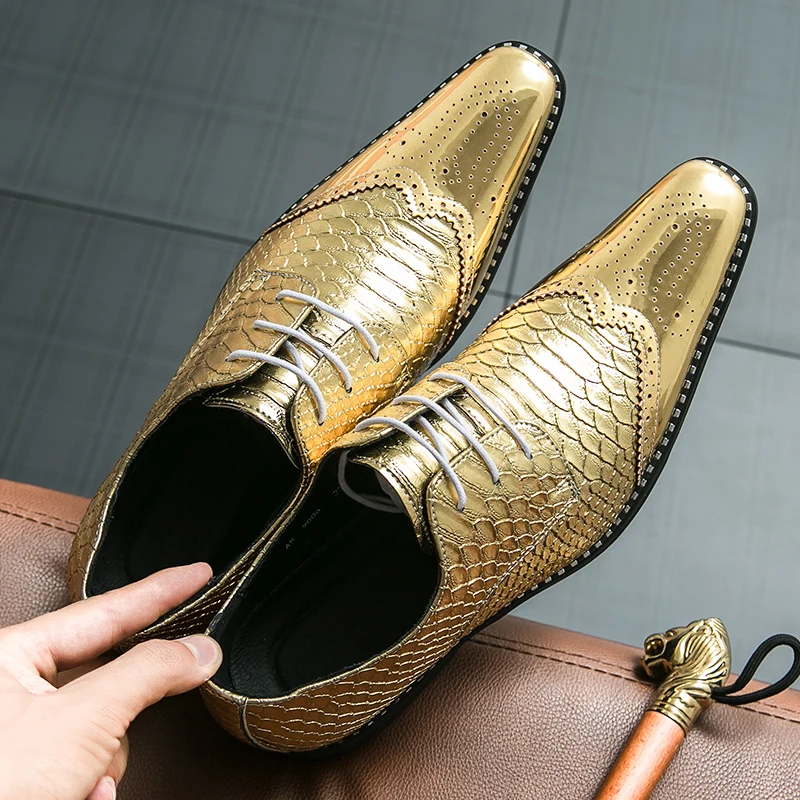 New Gold Brogue Shoes for MenMetallic Wind Square Toe Lace-up  Wedding Shoes for Men Size 38-46 Mens Shoes