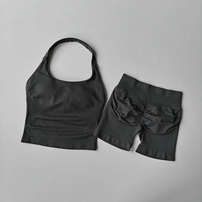 Damen-Sport-BH-Set mit Halsband, schöner Rücken, Yoga-Anzug, zweiteiliges Top, hochtailliertes, hüftformendes Fitness- und Gym-Set, Shorts-Sets – Detail 10