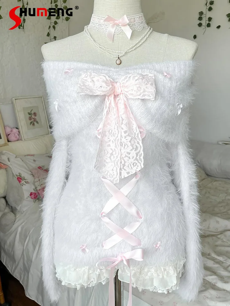 

Japanese Sweet Lolita Cute Bow Plush Warm Sweater Autumn Winter New 2025 Women's Slim Fit Elegant Knitted Long Sleeve Pullover