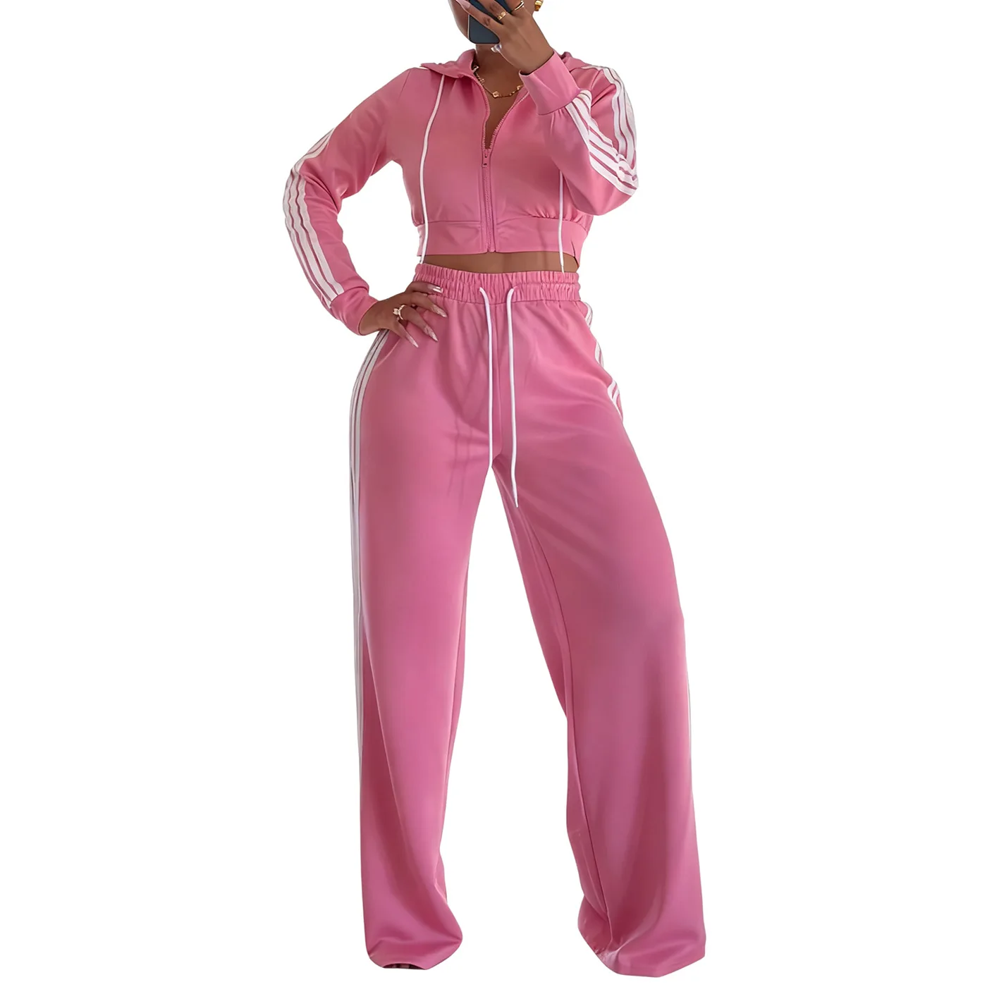 여성용 2026년 봄 신상 컬렉션 와이드 레그 팬츠와 리브드 핏 슬림 핏 숏탑 및 트랙수트 세트 여성 2피스