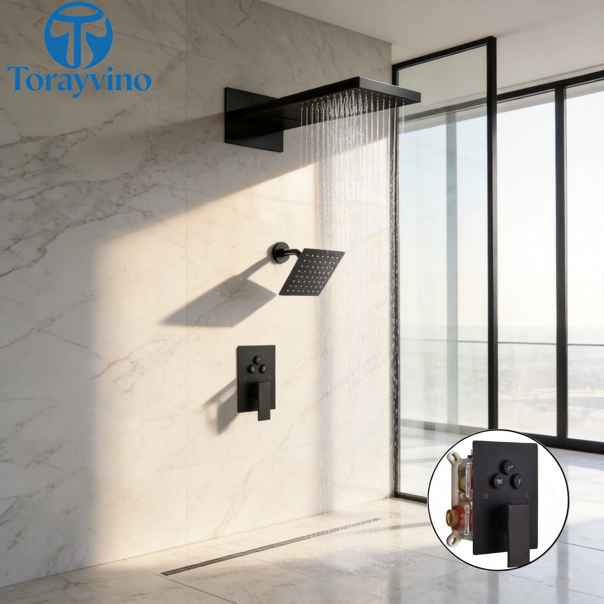 Torayvino Bathroom Luxury Waterfall Black Shower Faucet System Set Outdoor 3-Functions Rainfall Shower Bath Bathtub Mixer Taps