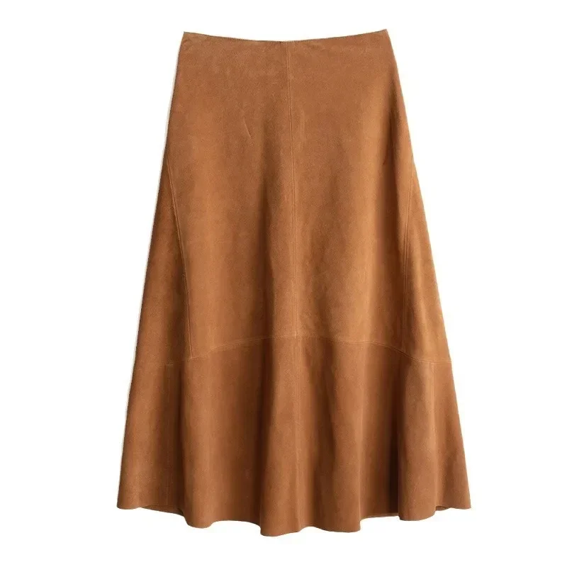 

Новая юбка из натуральной овечьей кожи 2025 года, однотонная, с завышенной талией, из реверс-велюра, простая, в форме зонта, длинная, выше колена, фиолетовая