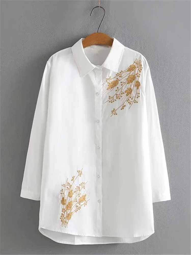 Plus Size Clothing For Spring And Autumn Lapel Long Sleeves And Chest Gold Embroidery Solid Color Shirt Large Size Shirt XL-4XL