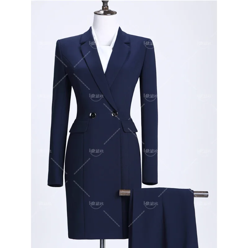 

Women Work Business Wear Pant Suit Wine Blue Black Long Blazer Set Elegant Jacket and Trouser 2 Pieces