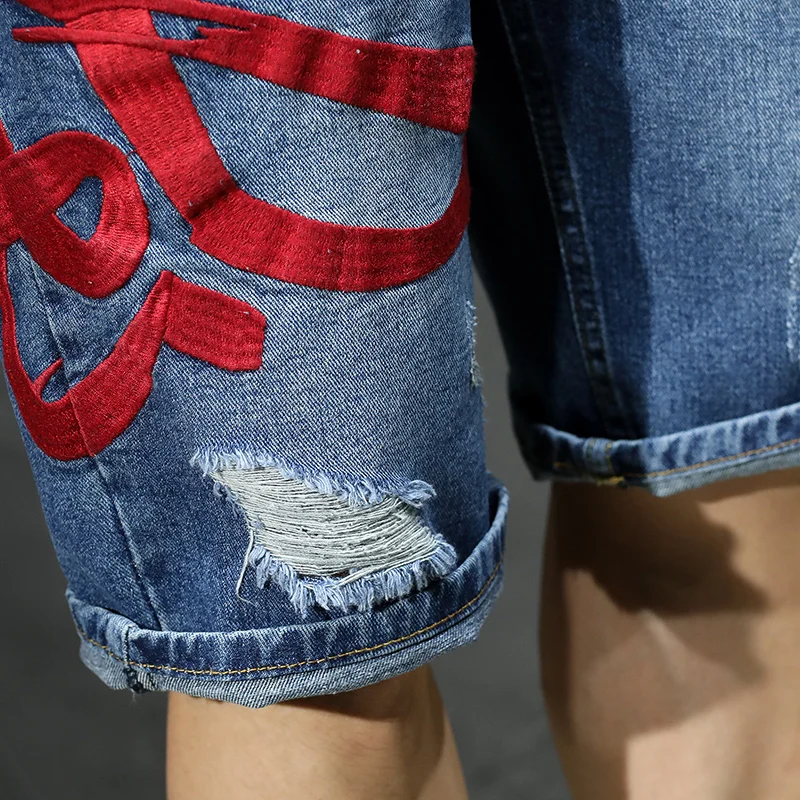 Stitching Embroidery Design Fashion Holes Denim Shorts Men2024New Loose plus Size Summer Cropped Pirate Shorts