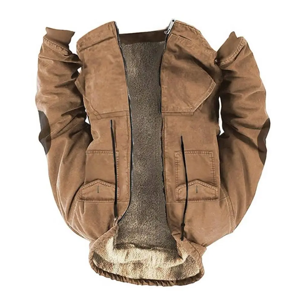 

Men Thermal Jacket Hooded Drawstring Long Sleeve Solid Color Jacket with Pockets Zipper Closure Plush Lining Sporty Coat