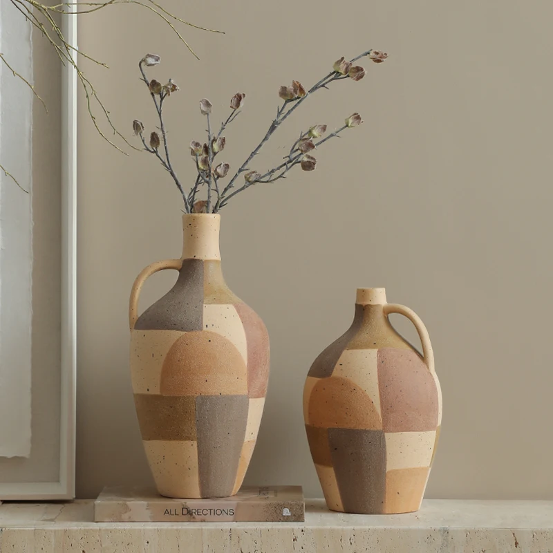 Vintage Rustic Decor Hand-Painted Color Matching Ceramic Vase Pottery Model Room Creative Hallway Tabletop Flower Vase
