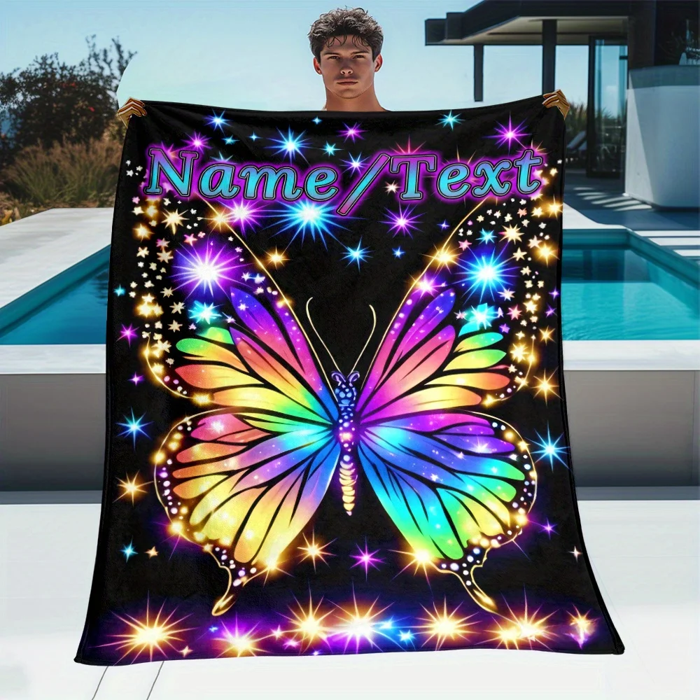 Custom Rainbow Butterfly Blanket Personalized Name Text Starry Night Design Soft Fleece Bedding Gift For Her Decor