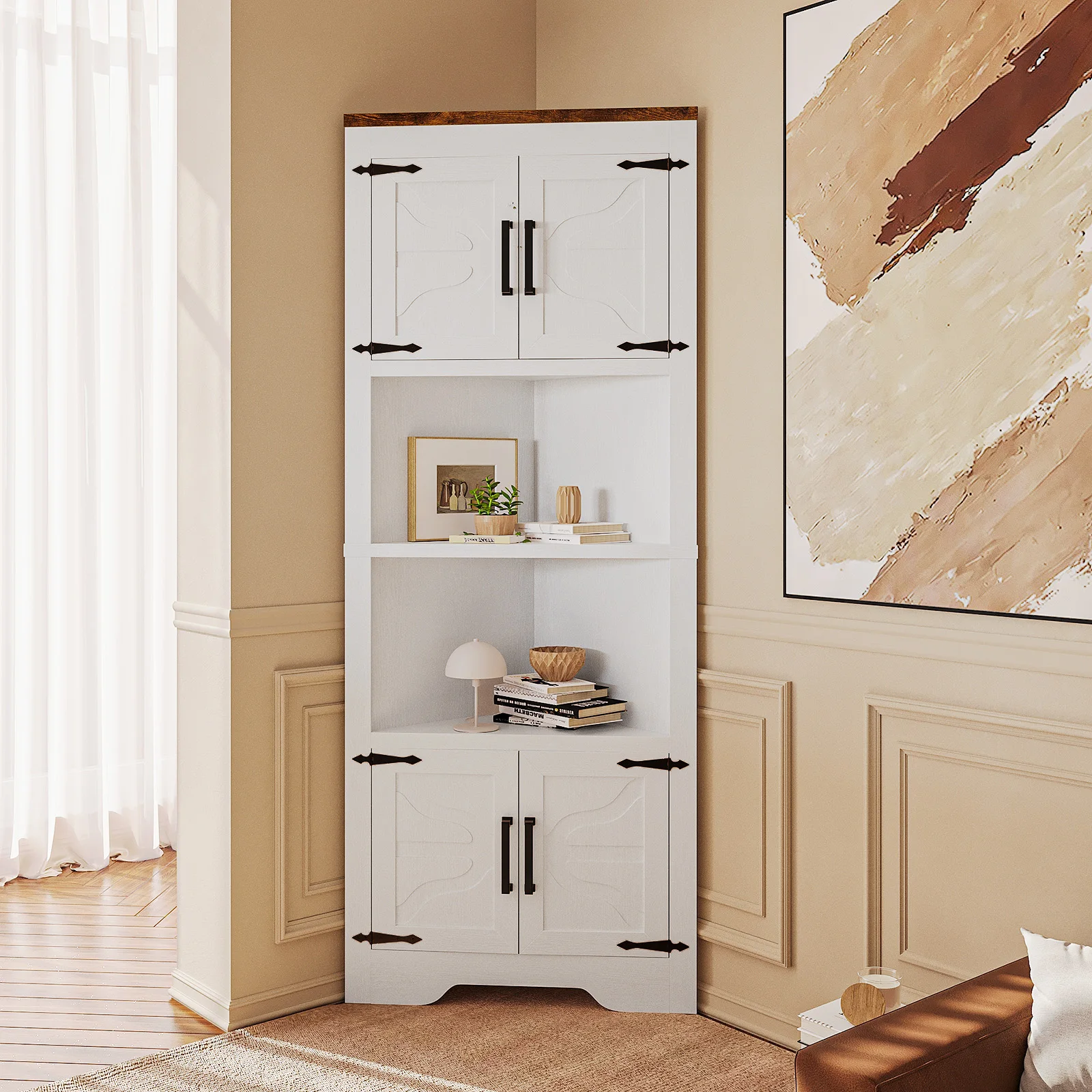 66" Tall Farmhouse Corner Cabinet, 5-Tier Storage Cabinet with 4 Barn Doors & Adjustable Shelves, Bathroom Cabinet with Storage