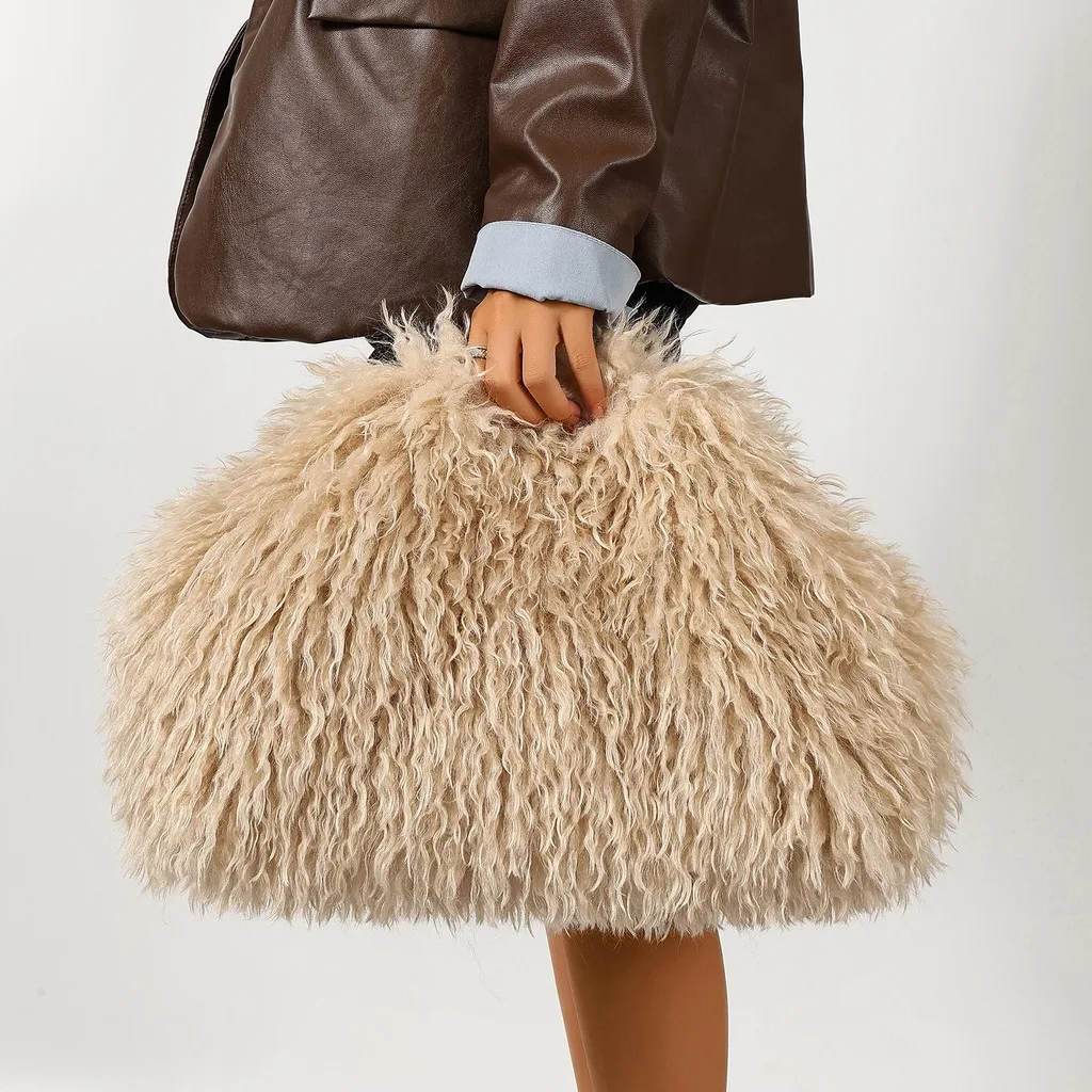 Women'S Shoulder Bag Large Capacity Solid Color Bag Faux Tibetan Fur Bag Faux Fur For Dates Daily Use Formal Evening Events
