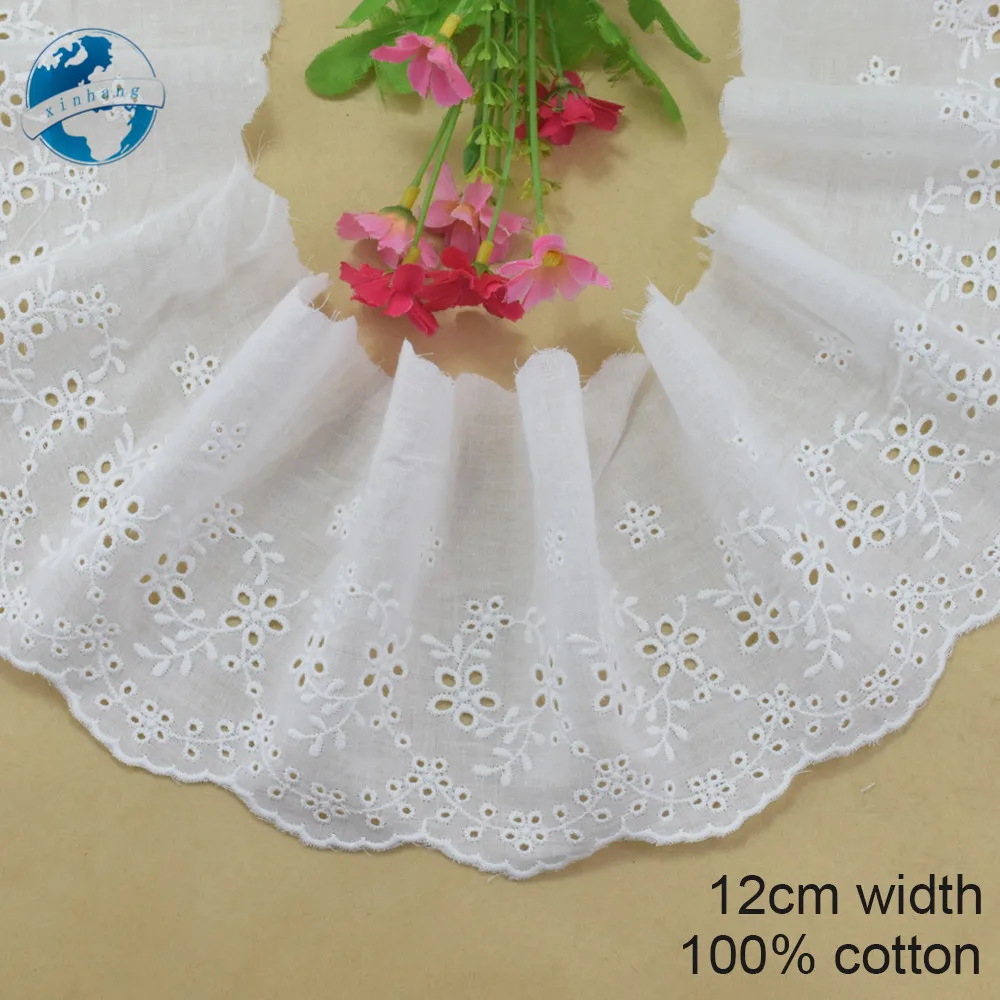 12 cm Breite Baumwolle Stickerei SpitzeBlumenmuster Weiß Nähen Band Stoff DIY Kleidungsstück Hochzeit Zubehör Guipure Trim # 4174 – Detail 1