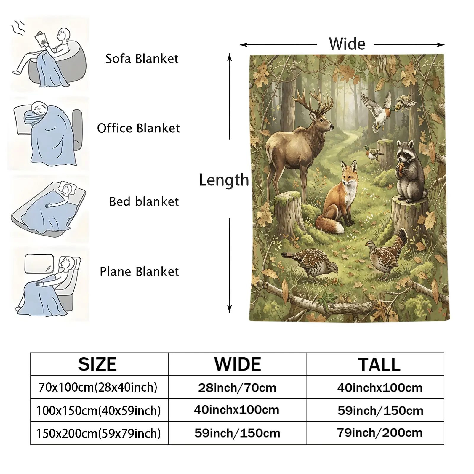 Green Forest Wildlife Blanket Elk Red Fox Raccoon Duck Woodland Flannel Throw Blanket Outdoor Nature Decor Perfect Gift Blanket