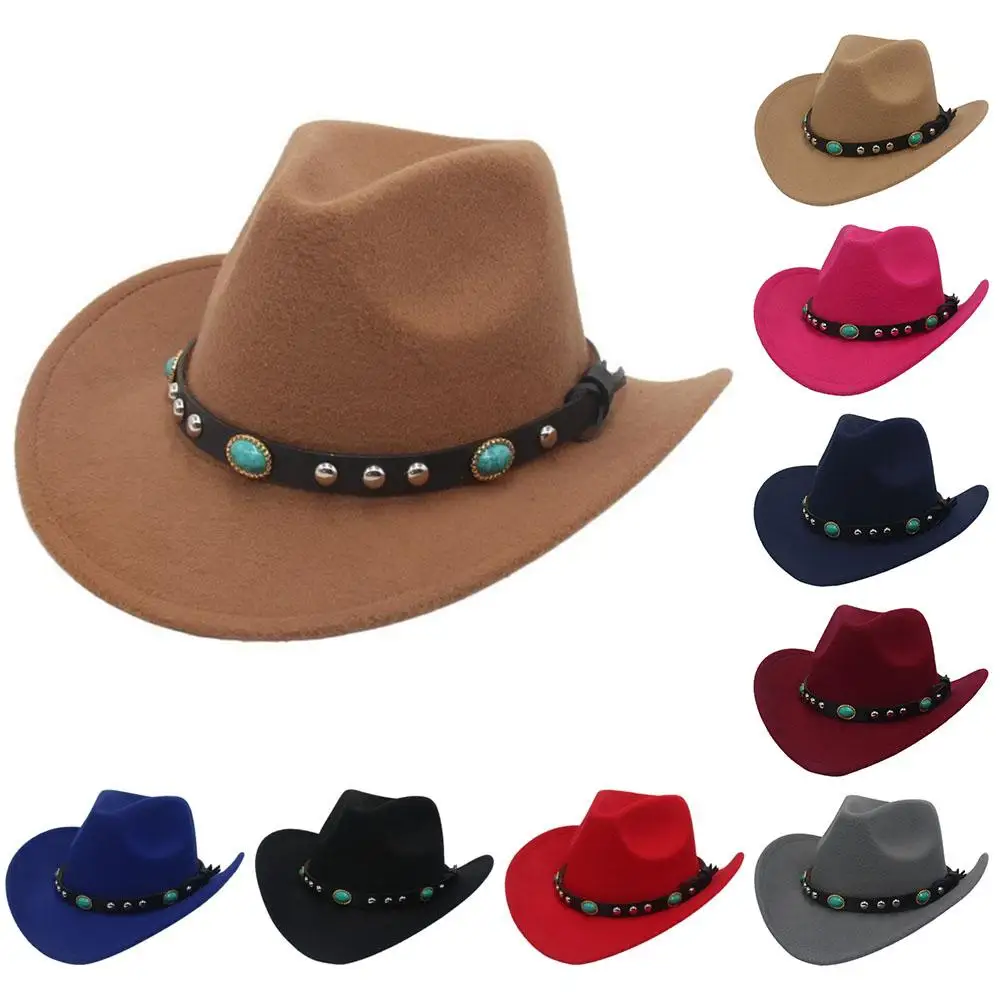 Classic Cowboy Hat Western Cowgirl Hat with Studded Pinched Decorative Bands Wide Brim Felt Fedora Hat for Women & Men