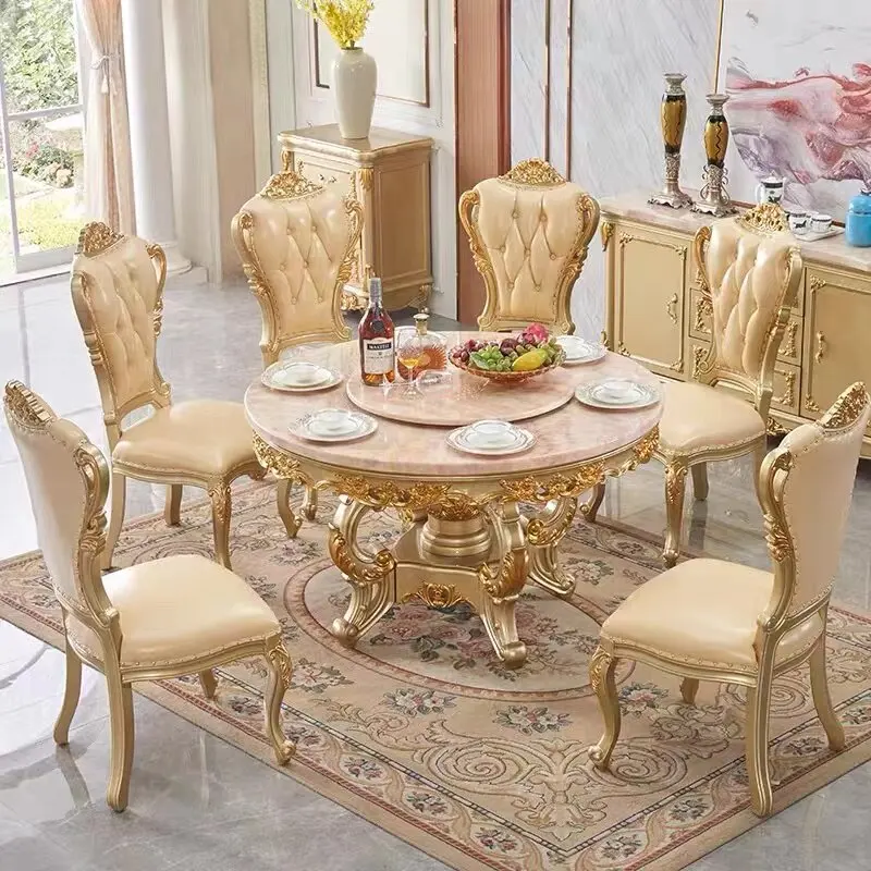 Luxury Round Marble Dining Table Set 6 Chairs Solid Wood Carved Gold European Style Kitchen Dining Room Furniture Home Decor