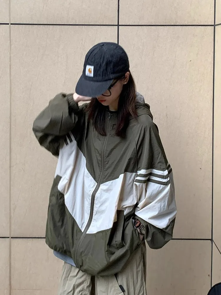 

Ретро-японская легкая дышащая куртка с капюшоном в стиле колор-блок для лета, для активного отдыха, охлаждающая, свободного кроя, рабочая одежда, защита от солнца