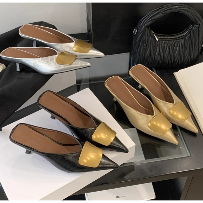 

Luxury Women Slippers High Heels Mules Shoes Pointed Toe Heeled Sandals Elegant Party Slides Summer Designer Mujer Zaoatos