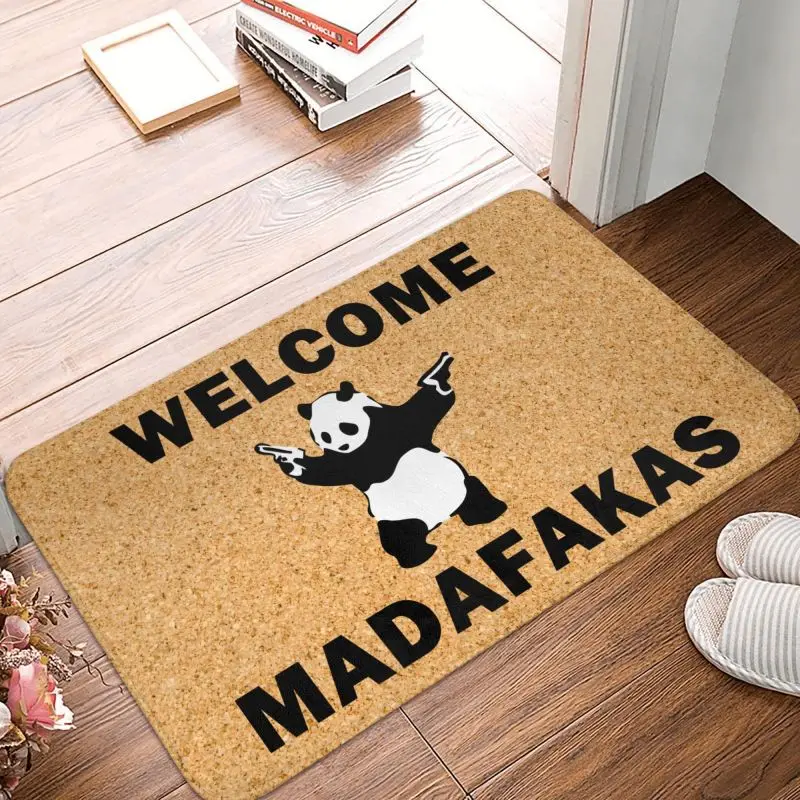 Custom Panda With Guns Welcome Madafakas Front Door Mat Anti-Slip Outdoor Quick Dry Doormat Kitchen Balcony Entrance Rug Carpet