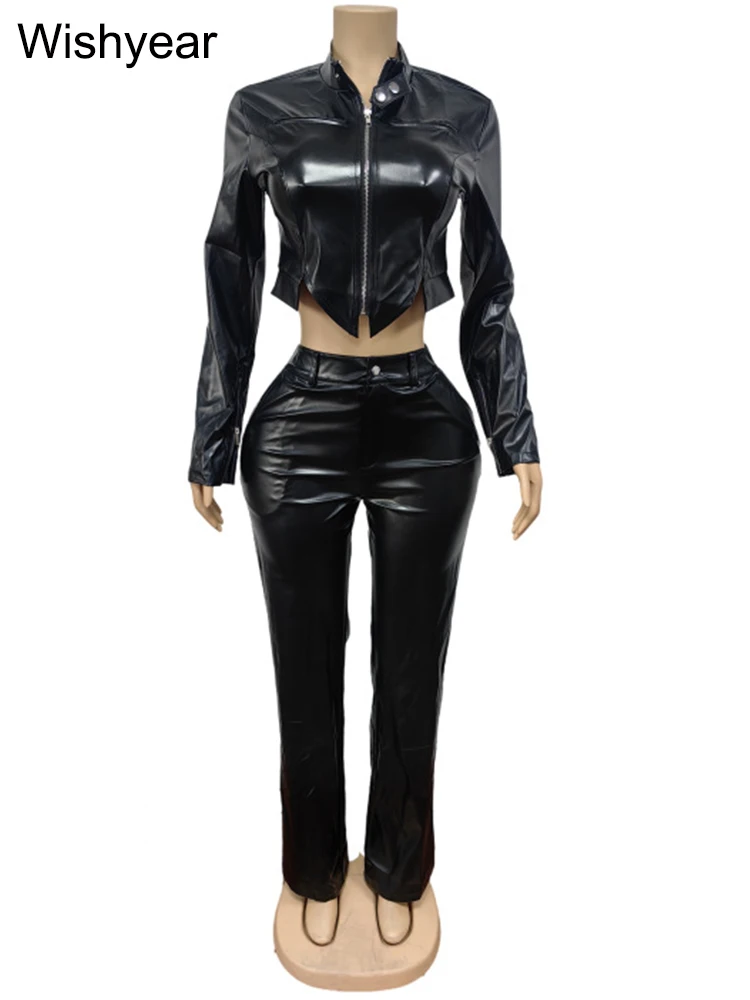 أسود تمتد بولي Leather الجلود 2 قطعة مجموعة ملابس امرأة الشتاء طويلة الأكمام سستة المحاصيل الأعلى والسراويل الشارع الشهير موتو السائق وتتسابق
