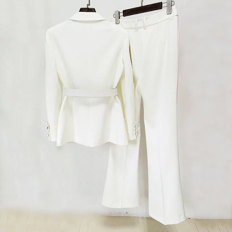 HKSH automne nouvelles femmes deux pièces costume ensemble noir élégant mode coloré diamants ceintures Blazer manteau Chic Ins Flare pantalon HK12641