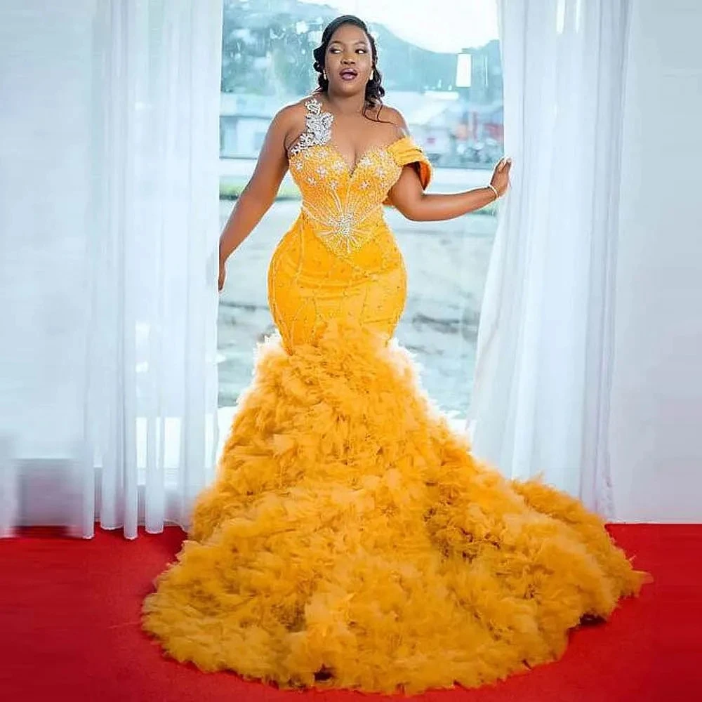 

Sparkling Gold Ruffled Evening Dresses Mermaid robe de soiree abendkleider Formal Evening Gowns Crystals Tulle Evening Dress