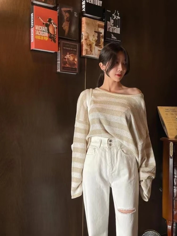 เสื้อถักไหมพรมบางสำหรับผู้หญิงสไตล์เกาหลี ดีไซน์พับได้ สไตล์ลำลอง เซ็กซี่ แฟชั่นต้นฤดูใบไม้ผลิ ลายทางบาง