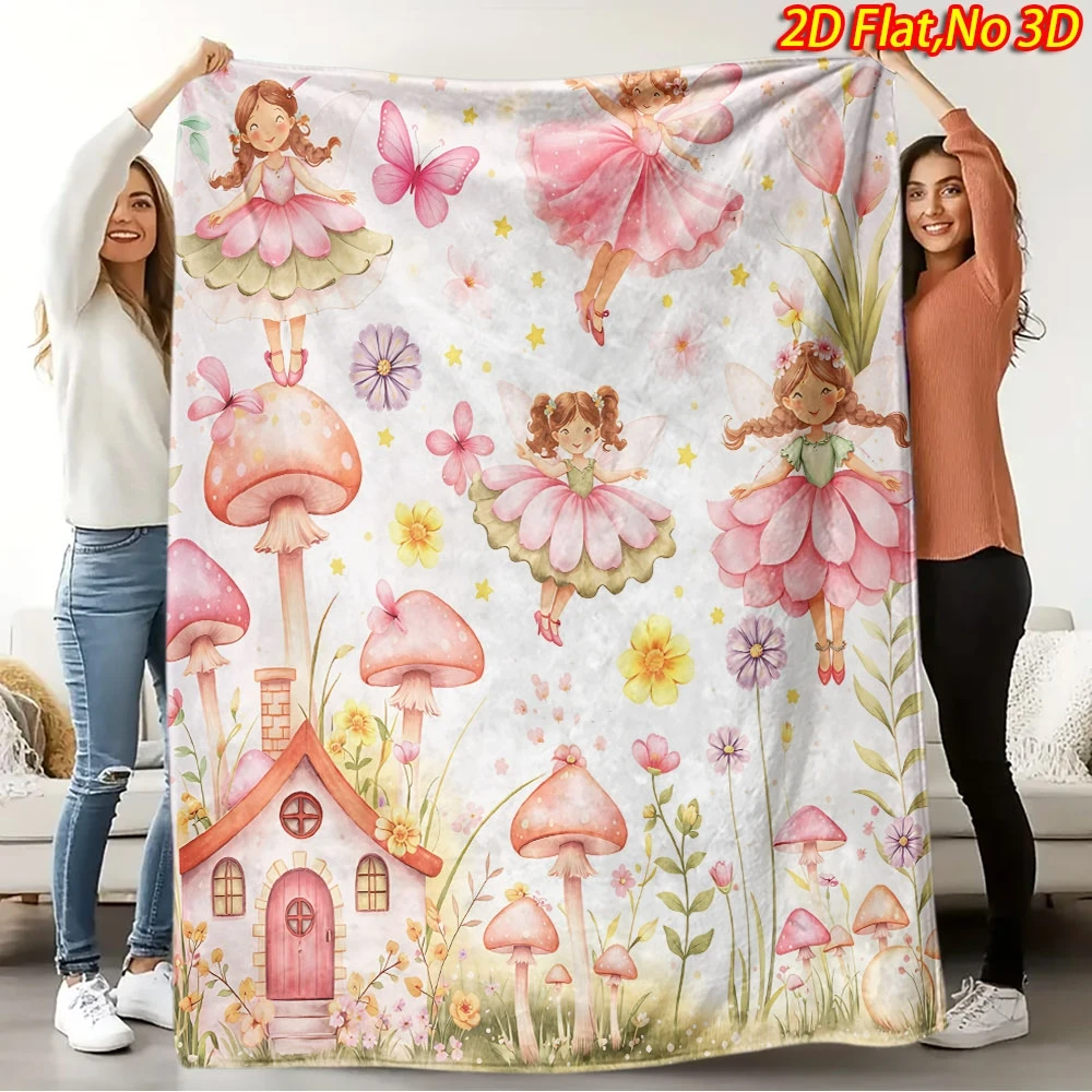 1pc 2D Flat Printing Spring And Summer New Arrival Flower Fairy And Mushroom House Theme Fleece Blanket, 100% Fiber High-Definit
