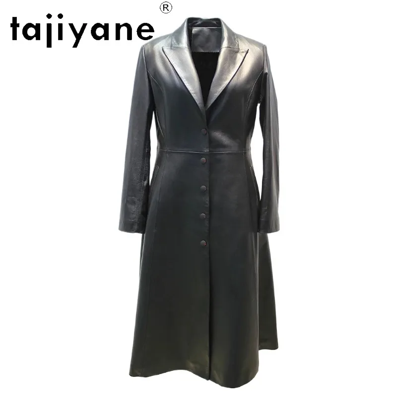 TAJIYANE Sheepskin Genuine Leather Jacket Women Slim Fit Outerwear Hepburn Style Black Jackets Long Leather Trench Coat 112cm