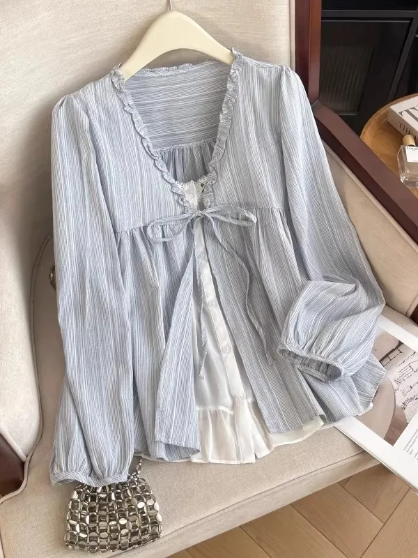 Light Blue Striped V-Neck Shoulder Shirt Women's plus Size Doll Shirt Top Korean Style Loose Fit Long Sleeve Commute Style