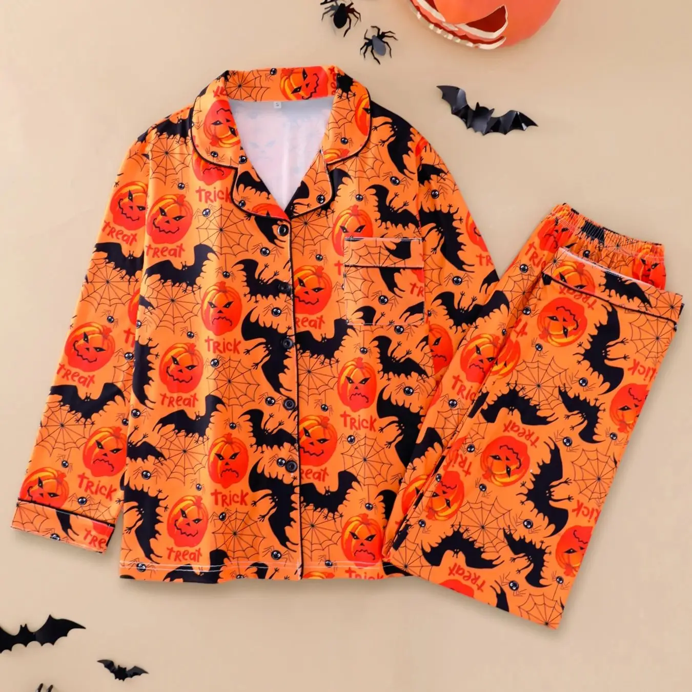 

Cartoon Pumpkin Spider Pattern Home Clothes Orange Bottom Collar Cardigan Sleepwear Soft and Comfortable Women's Set