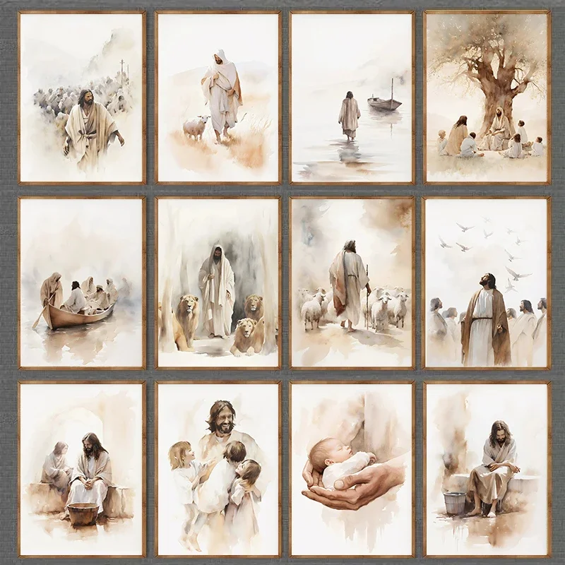 Jesus und die Kinder gehen auf dem Wasser, Leinwanddruck, Bibel, Ostern, Wandkunst, Poster für Wohnzimmer, Thanksgiving, Heimdekoration