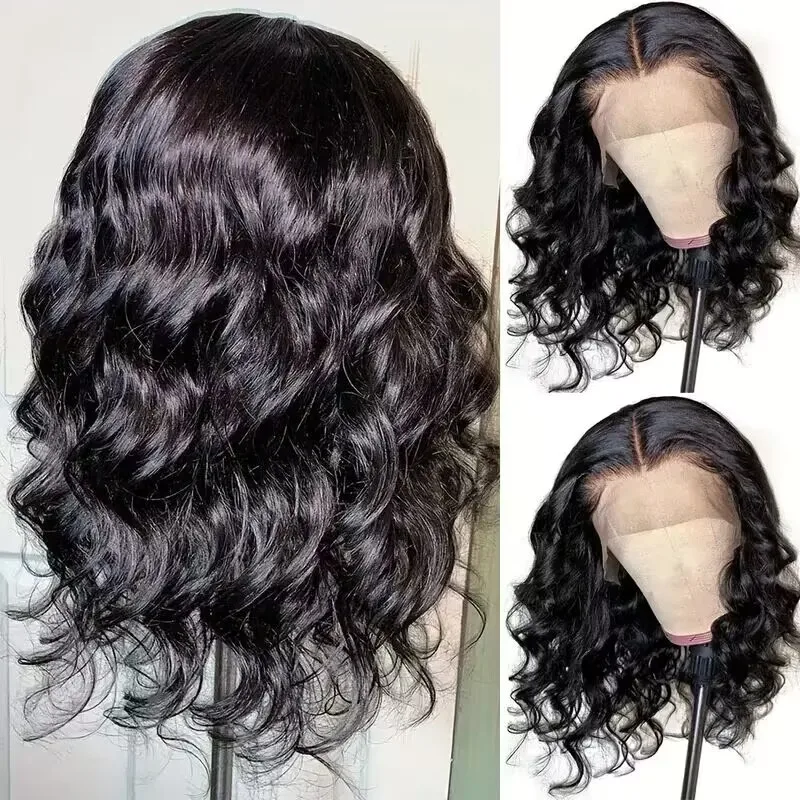 13x4 Zwarte Bob Kant Voorpruik Body Wave Pruiken Natuurlijke Bob Wave Pruik voor Vrouwen Diepe Golf Pruiken Synthetische Vezels Lijmloze Haar Pruiken