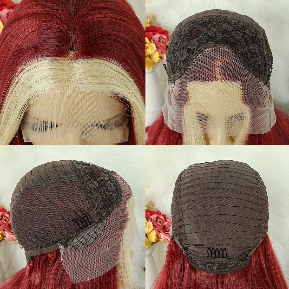 13*3 Stripe Lace Frontal Wig, 28inch Long Wavy Red with Blonde Streak Lace Front Wig,Stylish and Versatile Fake Hair