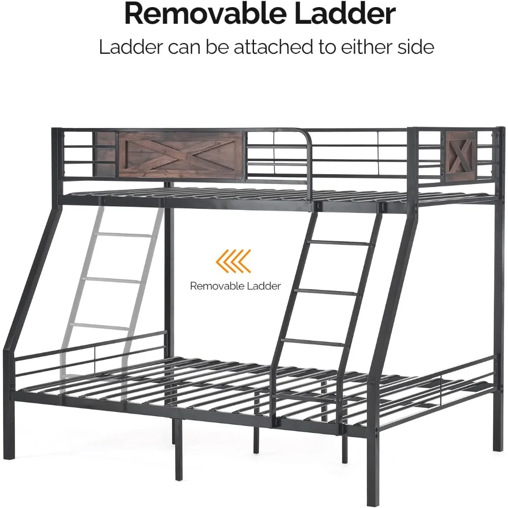 VINGLI Bunk Bed Twin Over Full Size with 2 Storage Drawers/Flat Rungs/Inclined Ladder, Heavy Duty Metal Slat Support, No Box Spr