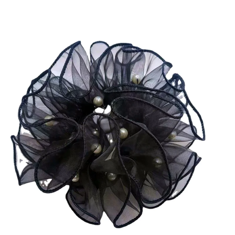 Anel de cabelo feminino com pérolas, cocar extra grande, cabelo flower updo na moda, scrunchies grandes, preto, primavera e verão, novo