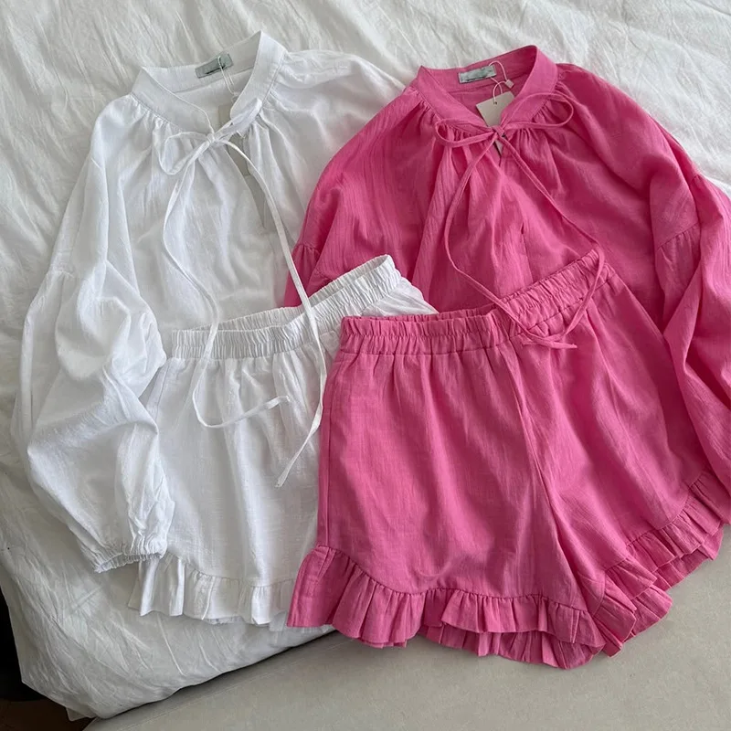 

European and American women's clothing 2025 summer new fashionable lace up bubble sleeve shirt ruffled wide leg shorts set