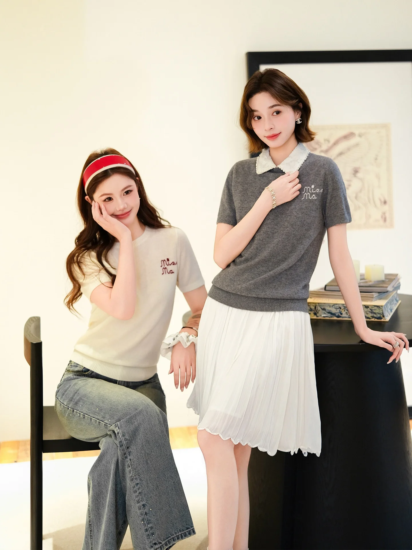 Soft Knitted Short Sleeve Cashmere Blend Woolen Top Women's Slim Fit Casual Style round Neck Knitwear Spring Fashion