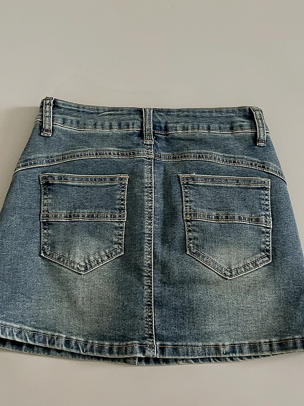 Deep Blue Retro Denim A-Line  Skirt High Waist Women's Faion Commute Sle Cotton Blend ort Skirts for Summer