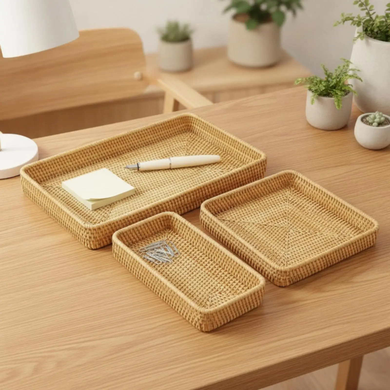 3 Pieces Rectangular Wicker Basket with Raised Rim Rattan Storage Basket Sturdy Woven Rattan Organizer for Countertops, Coffee