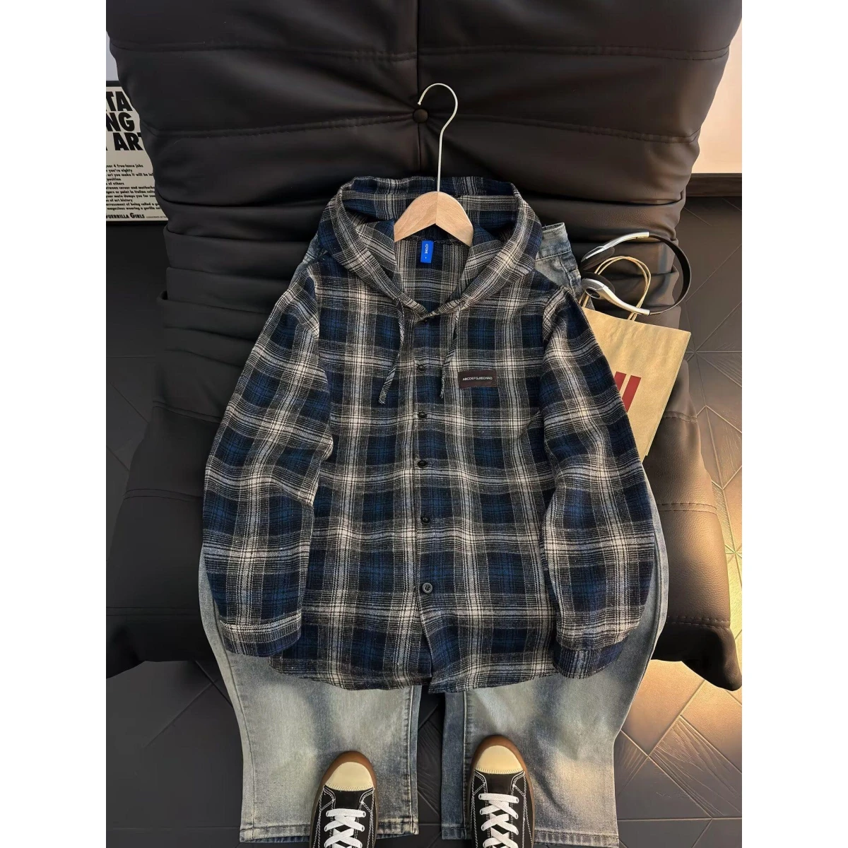 

Retro Japanese Plaid Hooded irt ex Spring New Lazy Sle Loose Casual irt Coat Trendy Long Sve Collar Polyester